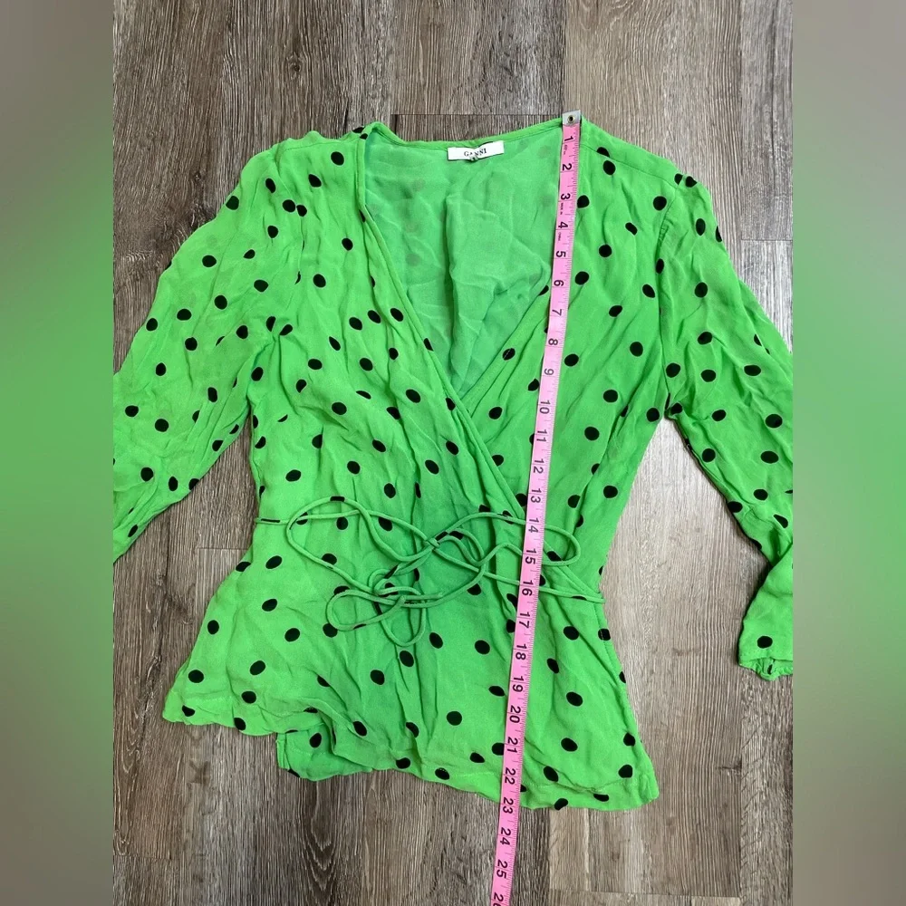 Ganni Dainty Georgette Green Polka Dot Bell Sleeve Wrap Top Size 36 (US 4-6)_9